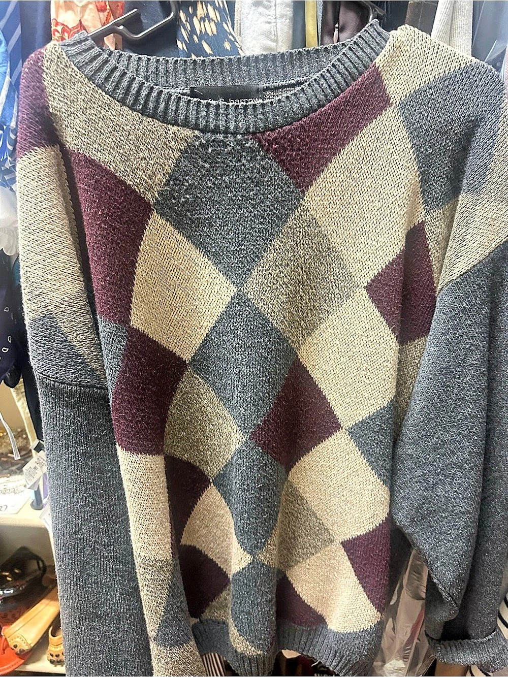 croft & barrow Argyle Crewneck Sweater in Gray & Burgundy Size Large
